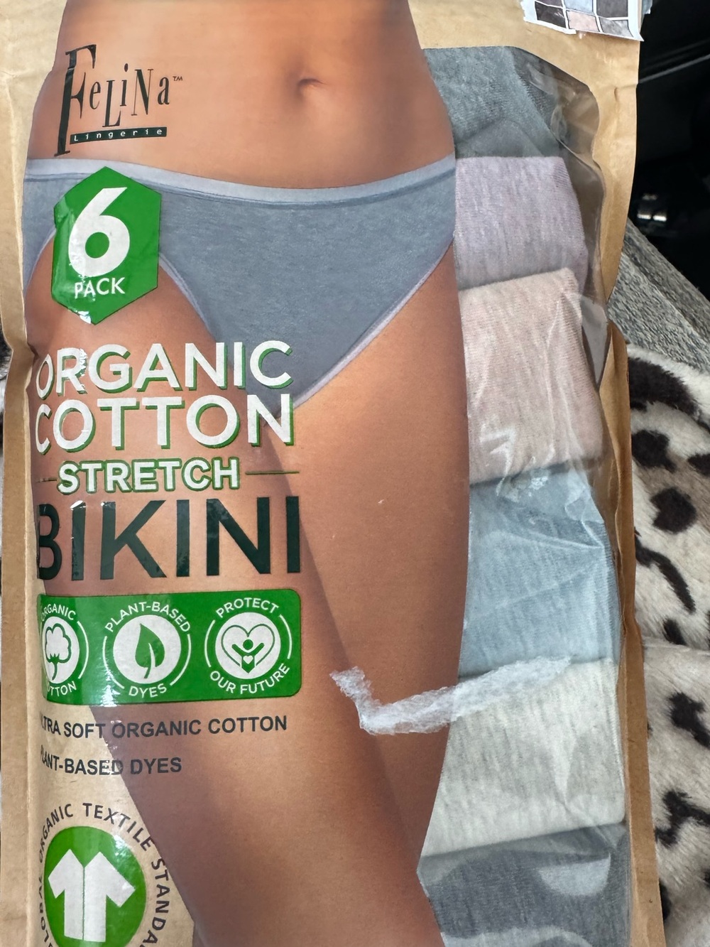 Felina Organic Cotton Bikini Panties - Gray, Light Pink, Cream, Blue (6-Pack)
